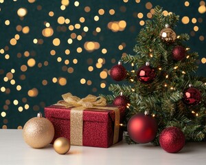A beautifully decorated Christmas tree with vibrant ornaments and a festive gift, set against a sparkling bokeh background.