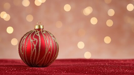 A decorative red Christmas ornament sits on a soft red surface against a background of softly glowing holiday lights.