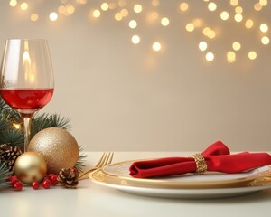 A festive table setting with a red wine glass, decorated plates, and holiday ornaments creating a joyful atmosphere.