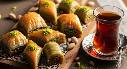 baklava baghlava turkish sweets, iranian dessert, Middle Eastern sweet pastry with a glass of tea