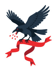 Fototapeta premium Dark Raven Eating Berries Red Ribbon Scary Bird Creature