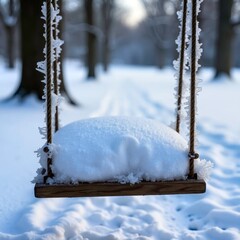 The snow scenery of the swing in the forest