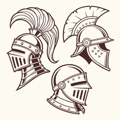 Three distinct medieval knight helmets in outline style with a dark brown color on a light cream background representing historical combat and ancient warfare