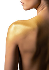 Naklejka premium Elegant female's bare upper back and shoulders with shimmering gold powder, glowing under soft studio lights on a clean transparent background, extreme close-up, concept of luxury and beauty