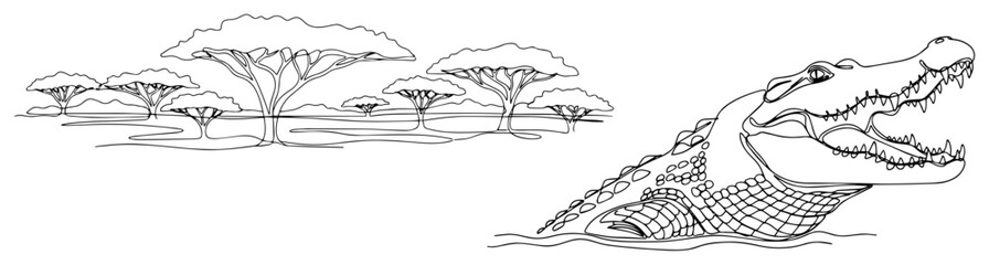Line Art Illustration of a Crocodile in the African Savanna