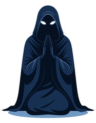 Mysterious Hooded Figure Praying Pose Monk Sorcerer Dark Isolated