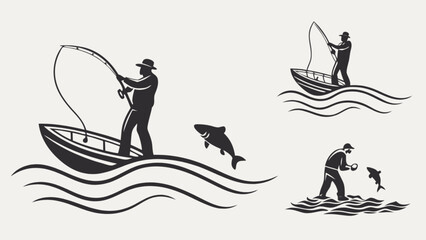 Illustrations of fishermen in boats and standing on water catching fish with fishing rods and nets