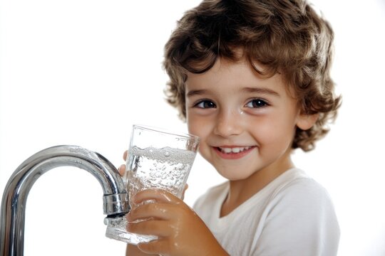 Child Filling Glass with Water from Tap, White Background