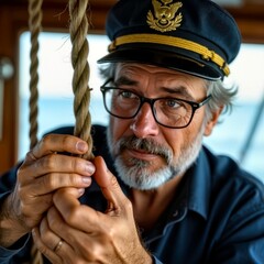 Retro scene of the captain operating ropes