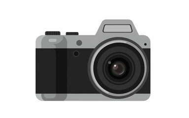Illustration of a camera with a black lens and gray body on a white background.