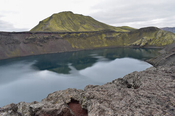 Lake in an extinct volcano, mountain landscape