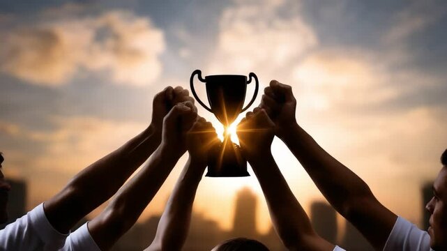 A group of hands raised in triumph, holding a trophy against a sunset background. This image symbolizes achievement, teamwork, and victory in sports or competitions.
