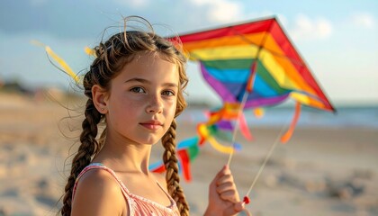 Young girl with braided hair holding a rainbow kite on the beach.