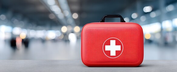 The red first aid kit stands prepared for emergencies in a bustling airport terminal.
