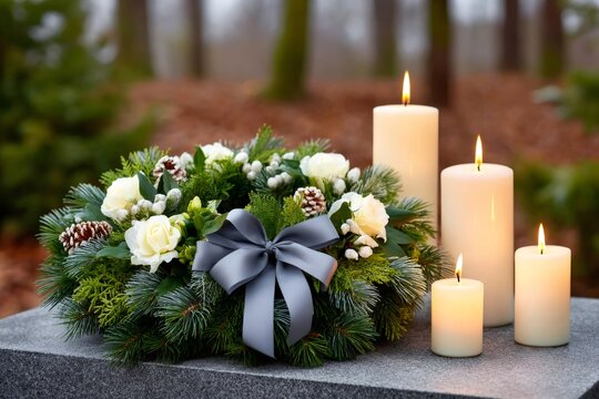 Wreath and candles for remembrance and memorial on gravestone