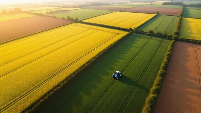 Aerial Patchwork Farmland at Golden Hour, Vibrant Color Blocks