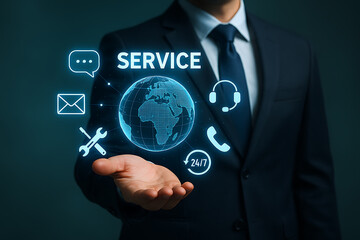 Modern customer care concept with holographic world globe surrounded by service icons representing support communication and business solutions