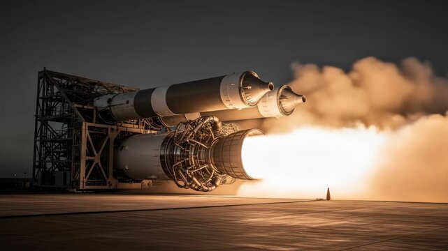 Powerful rocket engine test firing emitting bright flames and smoke, exploring space technology, propulsion, and engineering advancement.