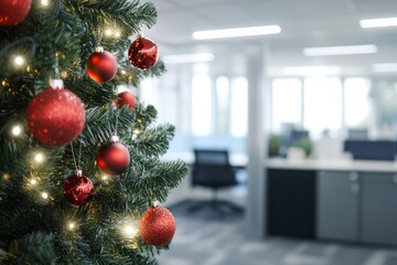 Christmas Tree with Red Baubles in Office Setting
