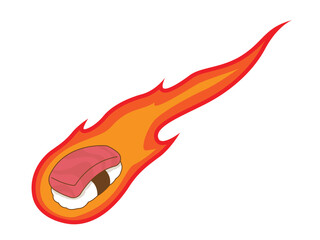 Vector illustration of a hot sushi with fire elements surrounding it