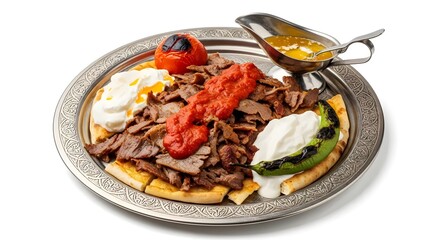 İskender Kebap, Turkish food, Doner Kebab, Yogurt, Tomato Sauce, melted butter, meat with vegetables