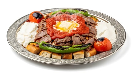 İskender Kebab, Turkish food, Doner Kebap with Yogurt, Tomato Sauce, and melted butter, meat with vegetables gourmet
