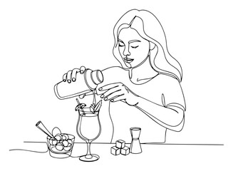 Female Bartender Making a Cocktail in a Continuous Line Drawing