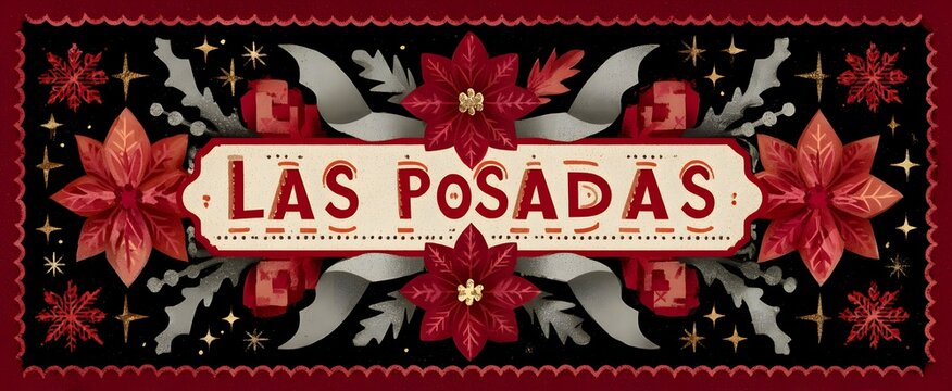 Las posadas showcases bold red cream sans letters with metallic wreath and glowing stars.