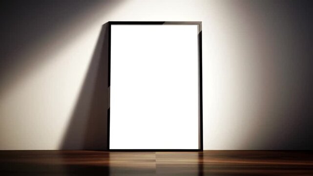 Blank black frame stands against a white wall on a dark wooden floor, illuminated by a spotlight, creating a minimalist and modern aesthetic.