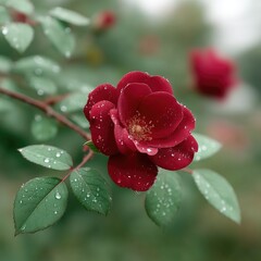 Macro Shot Of Red Rose Flower With Water Droplets Against Blurred Green Background