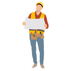 Male construction workers with helmets and vests. Vector flat style illustration isolated on white