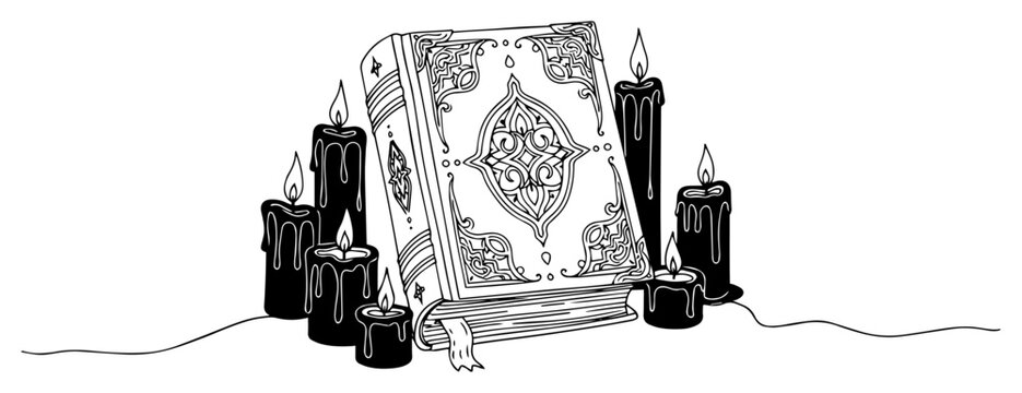 Magic Spell Book with Burning Candles Line Art Illustration