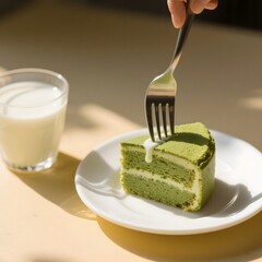 4k high quality Ai generative HD photo realistic cute pretty model design cup sencha creamy milk matcha fork green tea teapot hot traditional Japan dessert slice cake plate