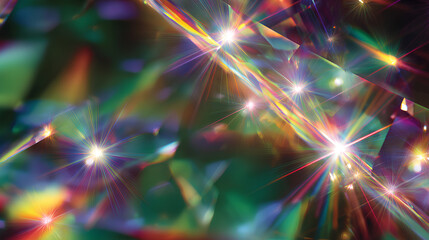 Fantasy sparkle with glass prism shine, optical burst and rainbow glare, glowing lens flash, bright star reflection, iridescent overlay and colorful refraction on abstract green background