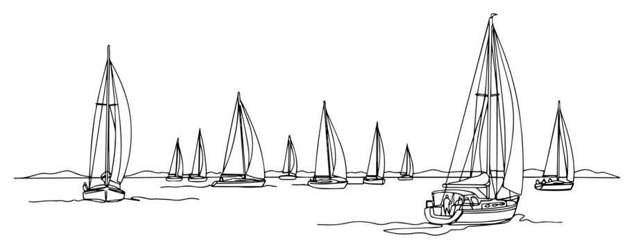 Continuous Line Art of a Sailboat Regatta on the Sea
