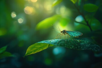 Mosquito resting on leaf, virus transmission threat