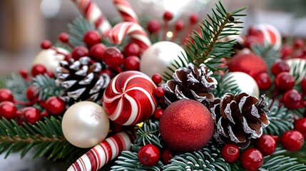 Festive Christmas arrangement with ornaments, candy canes, and pinecones