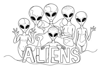 Group of Cute Aliens with Sign Line Art