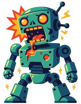 Broken Robot Spewing Liquid Electric Discharge Exploding Head Retro Mascot