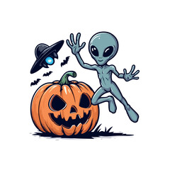 Alien Jumping Next to Smiling Pumpkin Halloween T-Shirt Design , Generative Ai