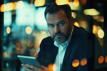 Confident Businessman Holding Tablet in Corporate Setting