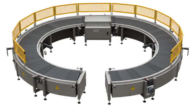 Circular Conveyor Belt System with Yellow Safety Rails in Industrial Setting