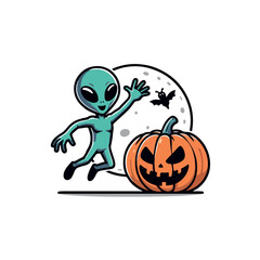 Alien Jumping Next to Smiling Pumpkin Halloween T-Shirt Design , Generative Ai