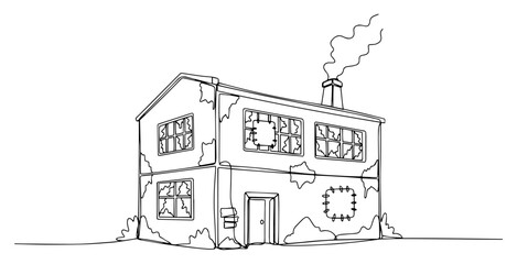 Haunted Abandoned House Line Art Illustration