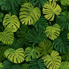 Tropical monstera leaves seamless pattern showcases vibrant detailed vector shapes with sharp elegant lines.