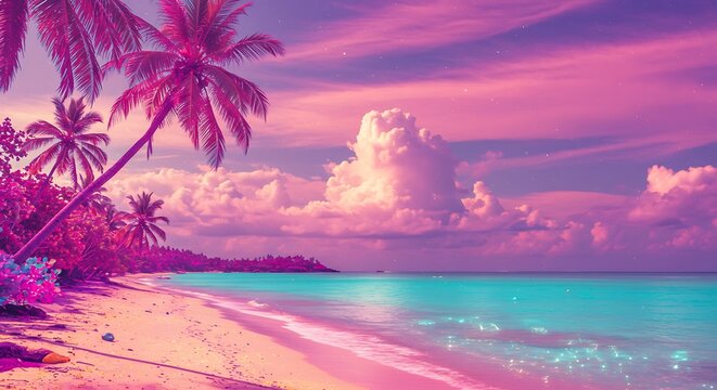 Tropical beach scene with palm trees silhouetted against a vibrant pink and purple sunset sky, turquoise ocean water, and white sand.