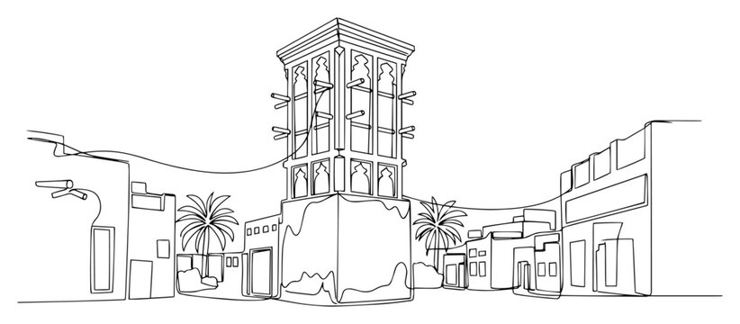 Desert Old Town Street with Watchtower and Palms