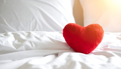 Red Heart Pillow on White Bedding - A Symbol of Love and Comfort.