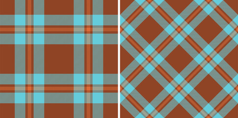 Two vibrant plaid patterns in teal, orange, and brown offer versatile design options. Perfect for textiles, web design, or packaging, these seamless textures evoke warmth and a touch of rustic charm.