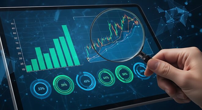 Hand analyzing stock market data on a digital tablet